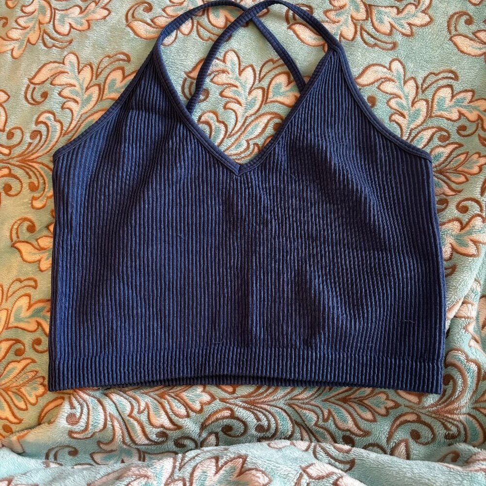 Ribbed Blue Strappy Crop Top – Super Cute & Comfy!
